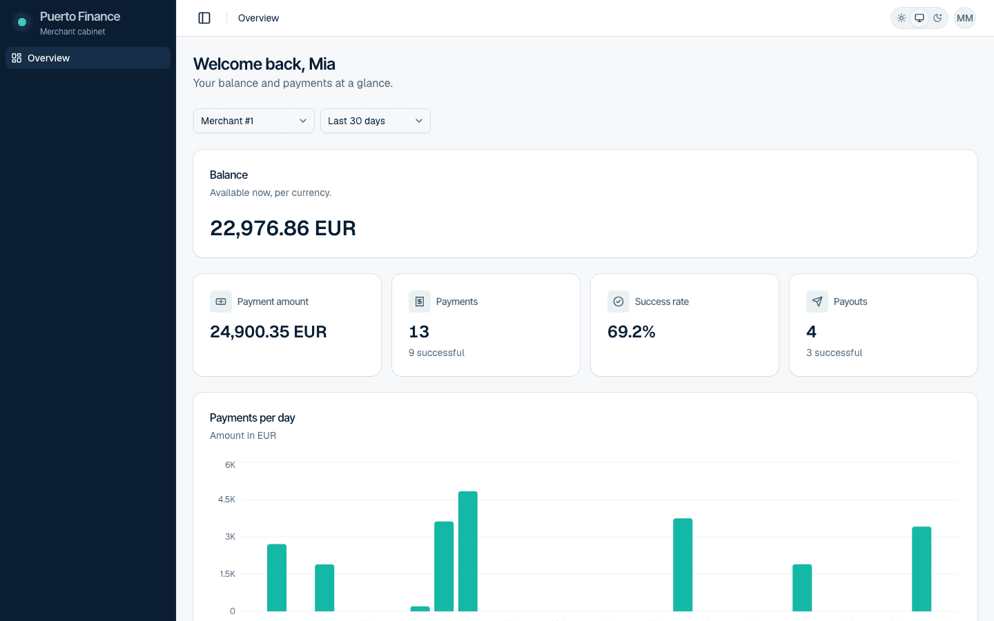 The merchant cabinet's overview: balance, payment amount, success rate and payments per day